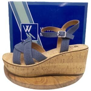 White Mountain Women's Denim Blue Platform Wedge Sandals Size 10